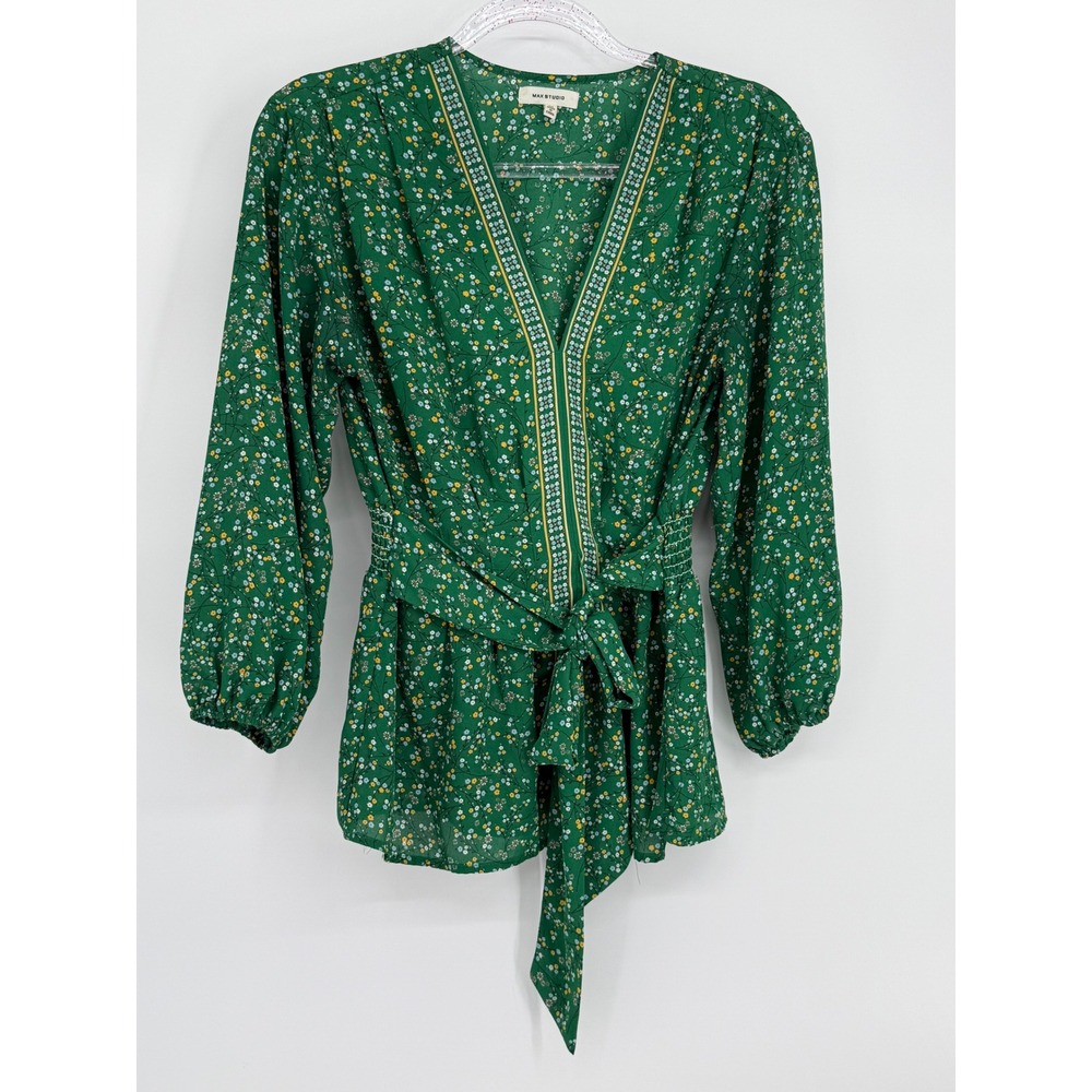 Max Studio Green‎ Floral V-Neck Blouse Smocked Back Tie Waist Long Sleeve Sz M